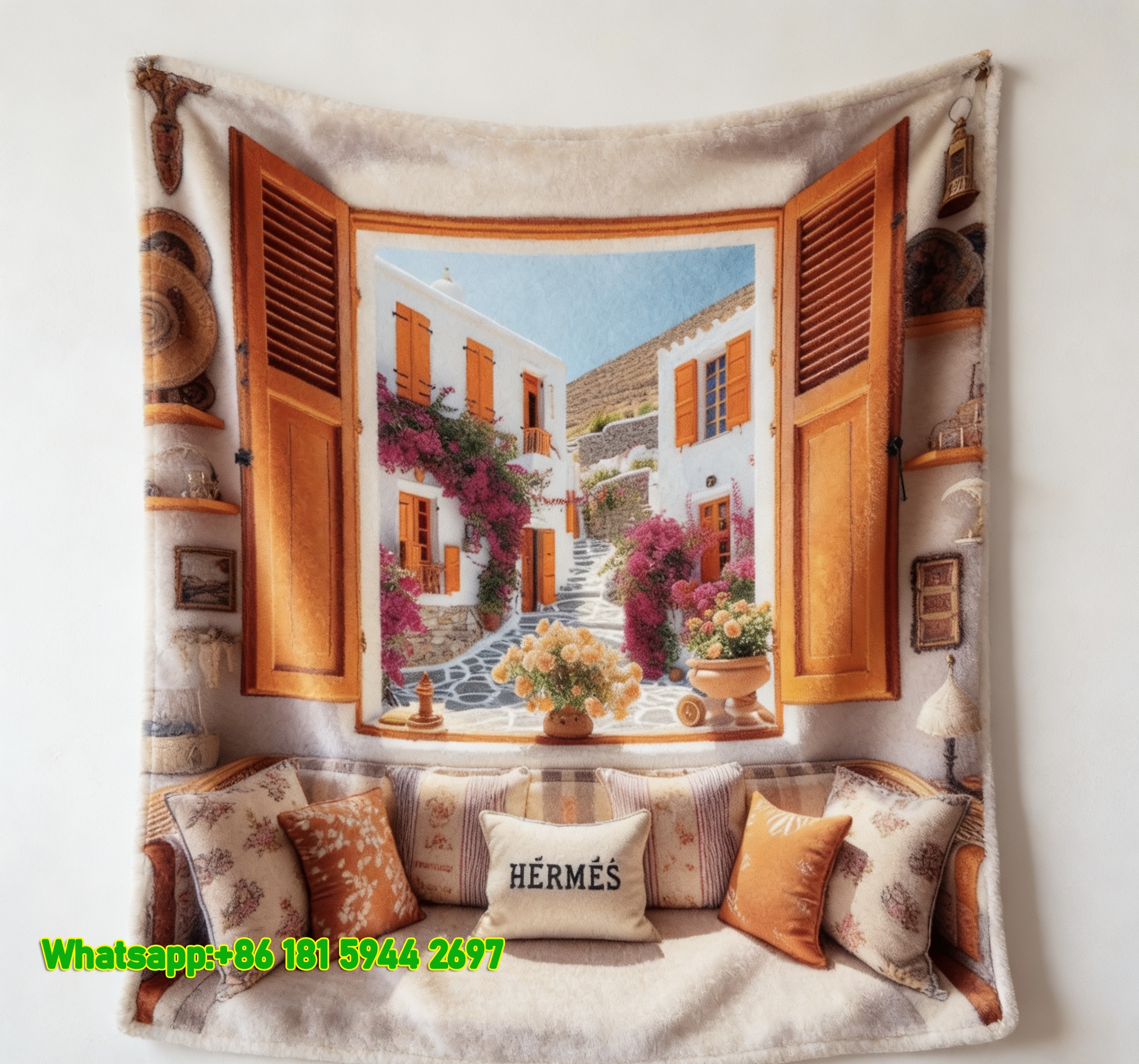 Luxury Hermès Santorini Window View Print Flannel Throw Blanket IMG_5189